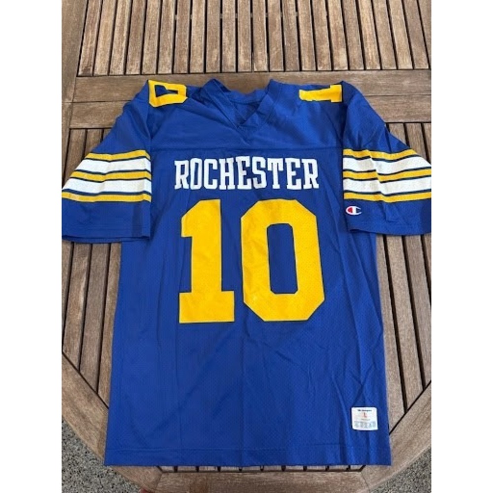 Vtg Champion Rochester 10 Football Jersey Blue Yellow Mesh Made in USA Size L